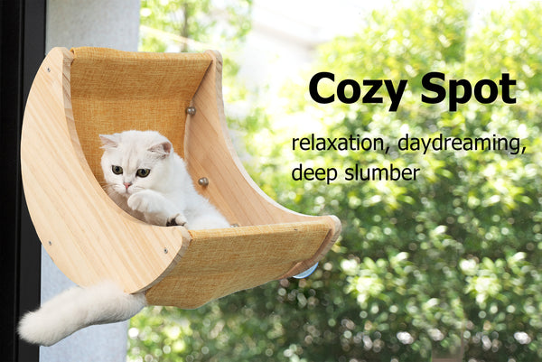 Window Cat Perch Moon Cat Bed Mounted with Suction Cups Wood Cat Window Hammock