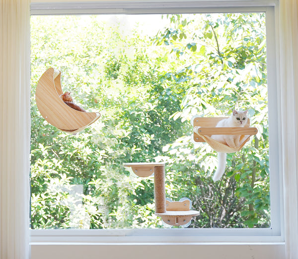 Window Cat Perch Moon Cat Bed Mounted with Suction Cups Wood Cat Window Hammock