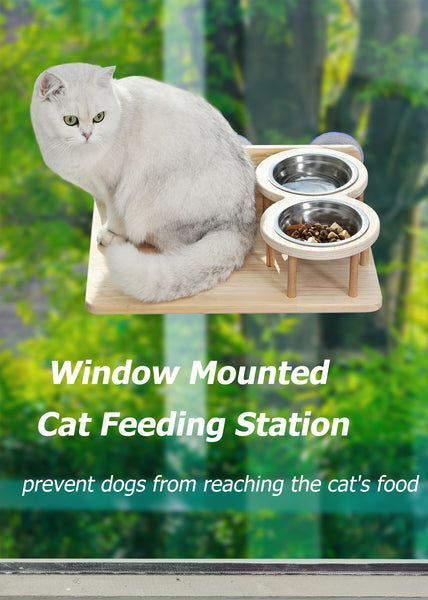 Cat Window Shelf Feeding Station,Wood Window Seat Mounted with Heavy Duty Suction Cups for Cats Sunbathing and Overlooking