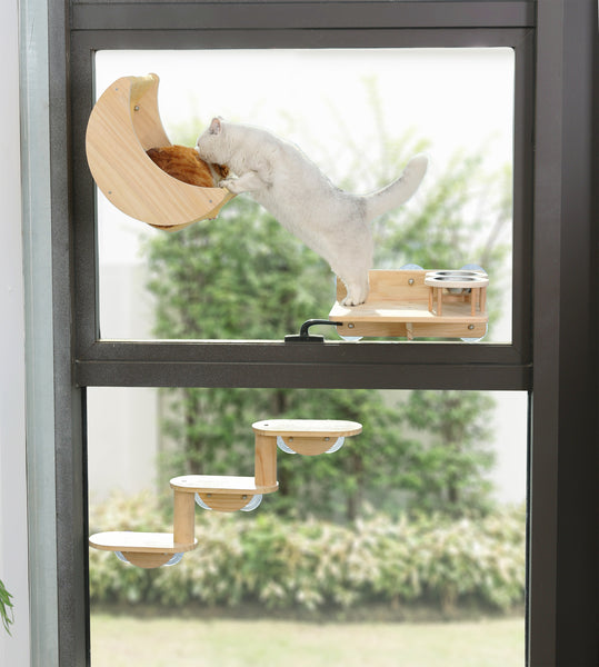 Cat Window Shelf Feeding Station,Wood Window Seat Mounted with Heavy Duty Suction Cups for Cats Sunbathing and Overlooking