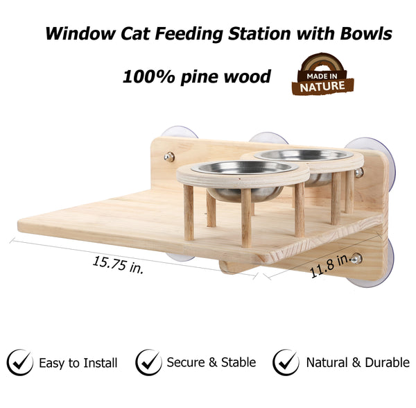 Cat Window Shelf Feeding Station,Wood Window Seat Mounted with Heavy Duty Suction Cups for Cats Sunbathing and Overlooking