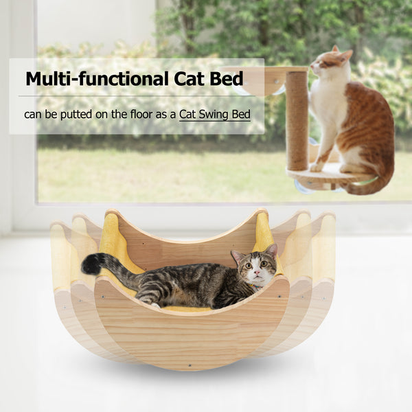 Window Cat Perch Moon Cat Bed Mounted with Suction Cups Wood Cat Window Hammock