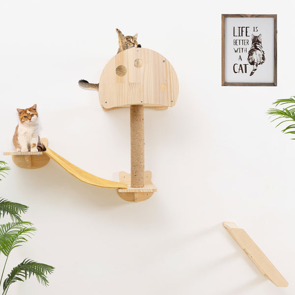 Mushroom Cat Tree House Wall Mounted with Scrathing Post Indoor Cat Climbing Shelves Hammock for Wall Solid Wood Cat Climber
