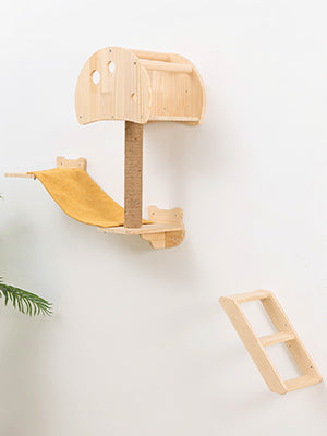 Mushroom Cat Tree House Wall Mounted with Scrathing Post Indoor Cat Climbing Shelves Hammock for Wall Solid Wood Cat Climber