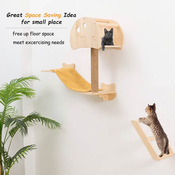 Mushroom Cat Tree House Wall Mounted with Scrathing Post Indoor Cat Climbing Shelves Hammock for Wall Solid Wood Cat Climber