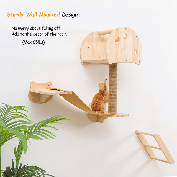 Mushroom Cat Tree House Wall Mounted with Scrathing Post Indoor Cat Climbing Shelves Hammock for Wall Solid Wood Cat Climber