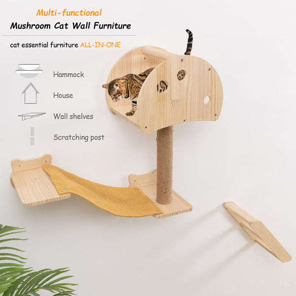 Mushroom Cat Tree House Wall Mounted with Scrathing Post Indoor Cat Climbing Shelves Hammock for Wall Solid Wood Cat Climber