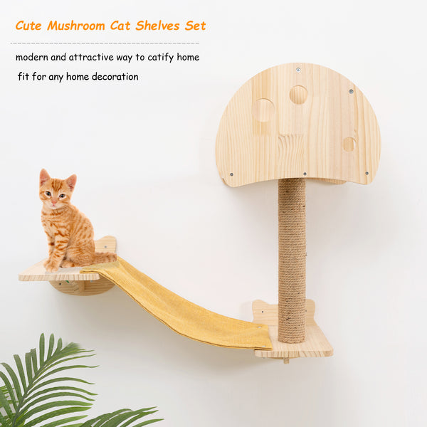 Mushroom Cat Tree House Wall Mounted with Scrathing Post Indoor Cat Climbing Shelves Hammock for Wall Solid Wood Cat Climber