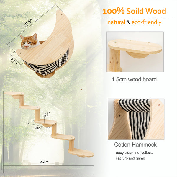 Cat Shelf for Wall Mount Hammock with 5-Levels Climbing Ladder Moon Cat Wall Shelves and Perches for Activity Indoor Cats Wall Furniture(5-Levels Steps)