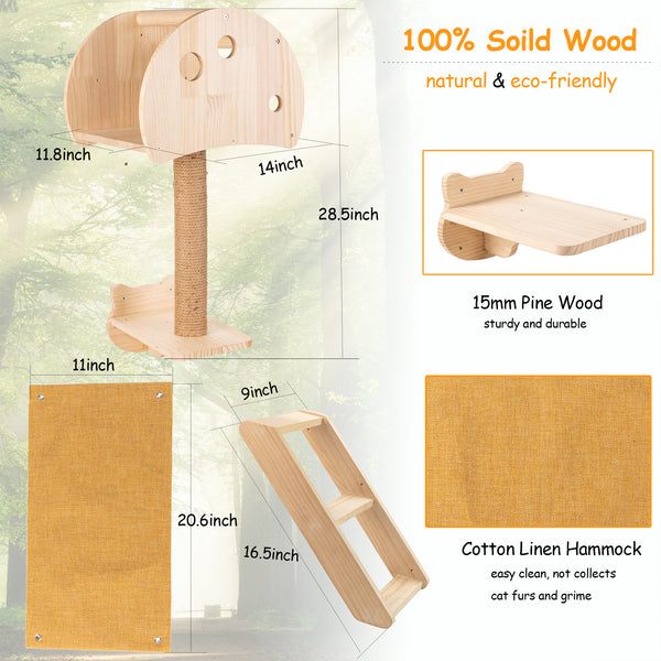 Mushroom Cat Tree House Wall Mounted with Scrathing Post Indoor Cat Climbing Shelves Hammock for Wall Solid Wood Cat Climber