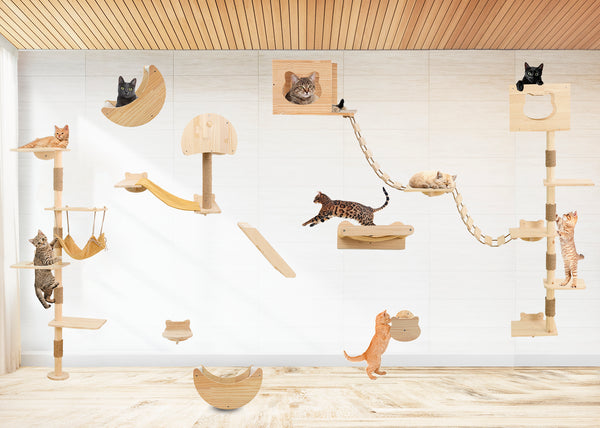 Cat Tree House Wall Mounted for Indoor Cats Climbing Shelves and Perches Activity Tower with Hammock Wood Cat Wall Furniture