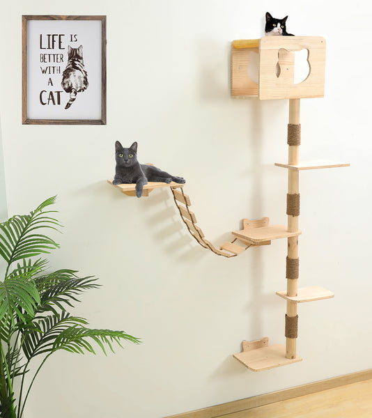 Cat Tree House Wall Mounted for Indoor Cats Climbing Shelves and Perches Activity Tower with Hammock Wood Cat Wall Furniture
