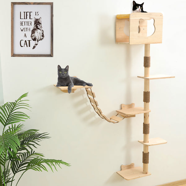 Cat Tree House Wall Mounted for Indoor Cats Climbing Shelves and Perches Activity Tower with Hammock Wood Cat Wall Furniture
