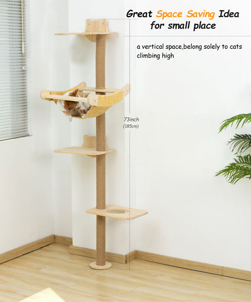 Cat Tree with Hammock, Tall Wall Mounted Wood Scratching Post for Indoor Cats Climbing Activity TowerCat Tree with Hammock, Tall Wall Mounted Wood Scratching Post for Indoor Cats Climbing Activity Tower