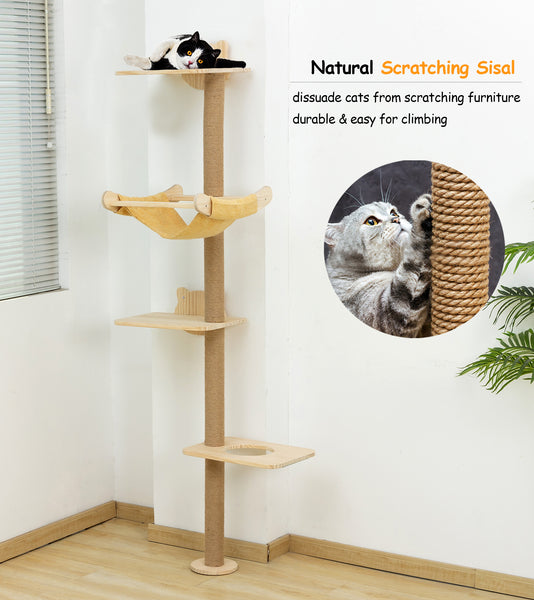 Cat Tree with Hammock, Tall Wall Mounted Wood Scratching Post for Indoor Cats Climbing Activity TowerCat Tree with Hammock, Tall Wall Mounted Wood Scratching Post for Indoor Cats Climbing Activity Tower
