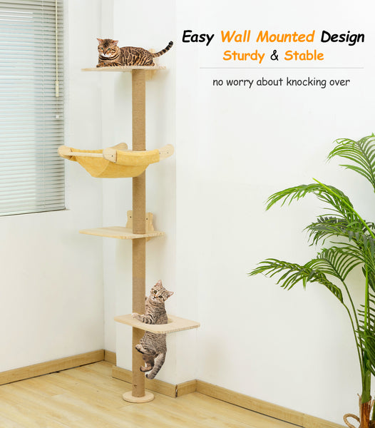 Cat Tree with Hammock, Tall Wall Mounted Wood Scratching Post for Indoor Cats Climbing Activity TowerCat Tree with Hammock, Tall Wall Mounted Wood Scratching Post for Indoor Cats Climbing Activity Tower