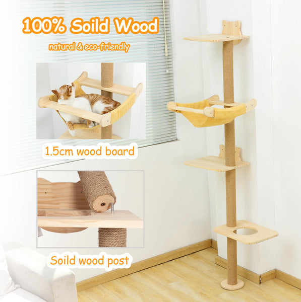 Cat Tree with Hammock, Tall Wall Mounted Wood Scratching Post for Indoor Cats Climbing Activity TowerCat Tree with Hammock, Tall Wall Mounted Wood Scratching Post for Indoor Cats Climbing Activity Tower