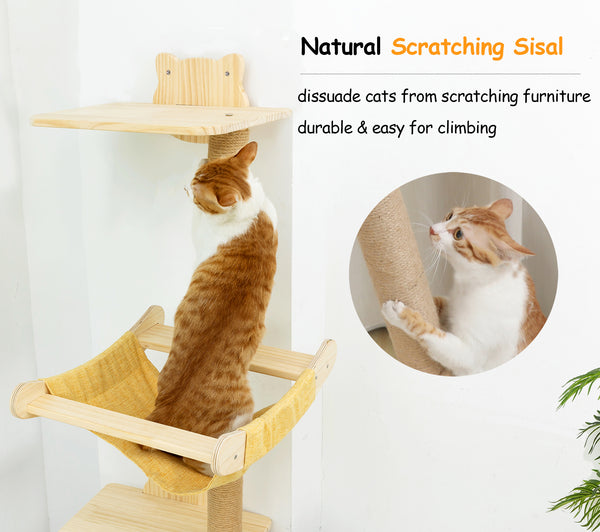 Cat Tree with Hammock, Tall Wall Mounted Wood Scratching Post for Indoor Cats Climbing Activity TowerCat Tree with Hammock, Tall Wall Mounted Wood Scratching Post for Indoor Cats Climbing Activity Tower