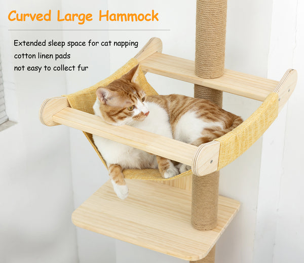 Cat Tree with Hammock, Tall Wall Mounted Wood Scratching Post for Indoor Cats Climbing Activity TowerCat Tree with Hammock, Tall Wall Mounted Wood Scratching Post for Indoor Cats Climbing Activity Tower