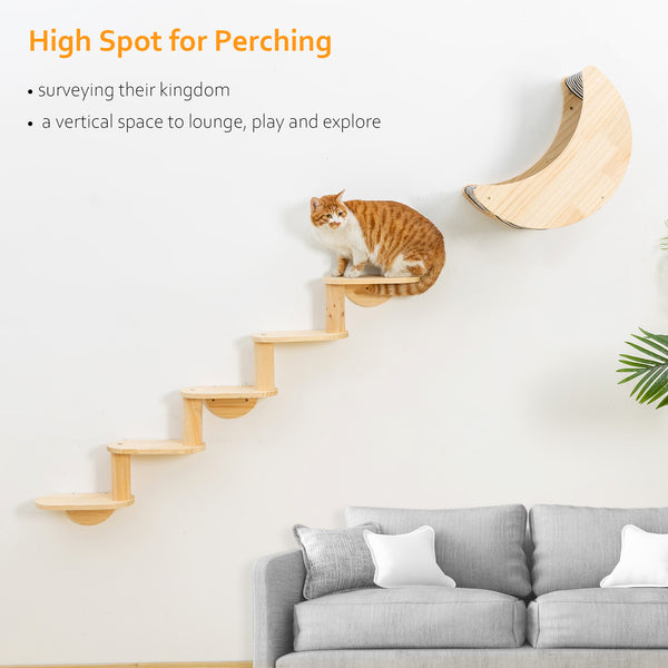 Cat Shelf for Wall Mount Hammock with 5-Levels Climbing Ladder Moon Cat Wall Shelves and Perches for Activity Indoor Cats Wall Furniture(5-Levels Steps)