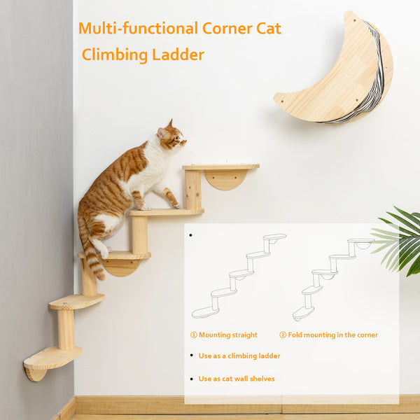 Corner Cat Ladder 5-Levels Wall Mounted Cat Stair Shelves for Indoor Cats Climbing Wood Cat Furniture