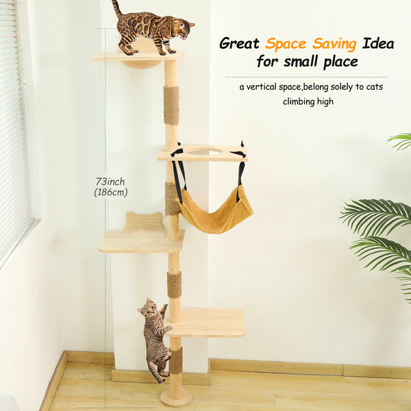 Cat Tree Wall Mounted With Hammock,Cat Climbing Shelves Wood Activity Tower Indoor Cats Wall Furniture