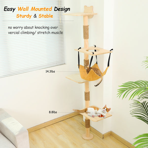 Cat Tree Wall Mounted With Hammock,Cat Climbing Shelves Wood Activity Tower Indoor Cats Wall Furniture