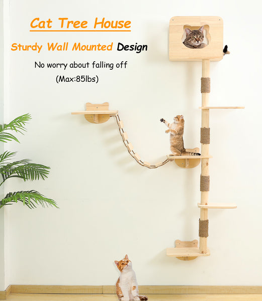 Cat Tree House Wall Mounted for Indoor Cats Climbing Shelves and Perches Activity Tower with Hammock Wood Cat Wall Furniture