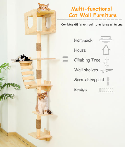 Cat Tree House Wall Mounted for Indoor Cats Climbing Shelves and Perches Activity Tower with Hammock Wood Cat Wall Furniture