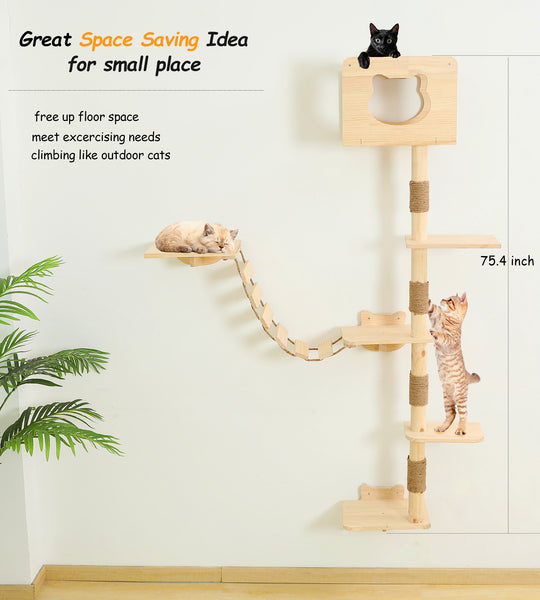 Cat Tree House Wall Mounted for Indoor Cats Climbing Shelves and Perches Activity Tower with Hammock Wood Cat Wall Furniture