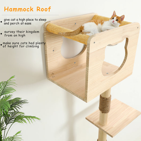 Cat Tree House Wall Mounted for Indoor Cats Climbing Shelves and Perches Activity Tower with Hammock Wood Cat Wall Furniture