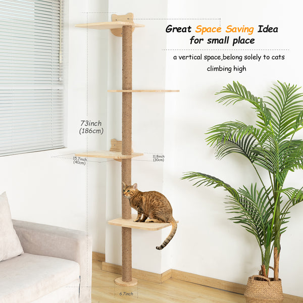 Cat Tree Wall Mounted Tall Scratching Post for Indoor Cats Climbing Tower Activity Wood Cat Wall Furniture