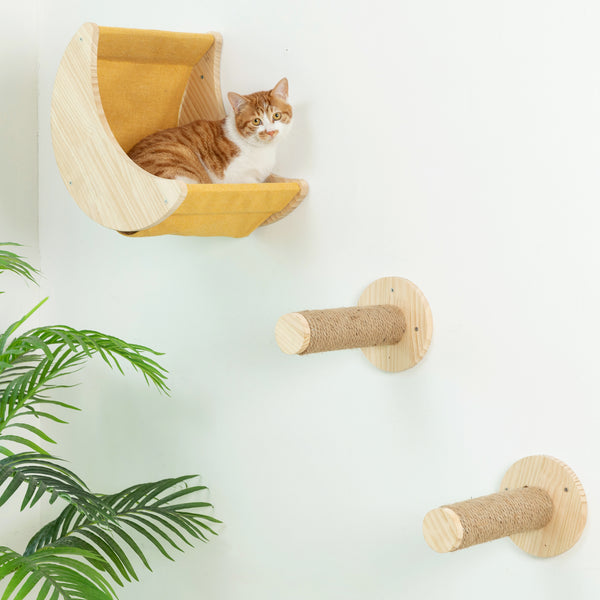 Cat Wall Hammock with Two Scratching Post Steps Moon Cat Wall Shelves for Activity Indoor Cats Wall Mounted Bed&Condo