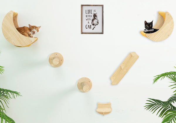 Cat Wall Hammock with Two Scratching Post Steps Moon Cat Wall Shelves for Activity Indoor Cats Wall Mounted Bed&Condo