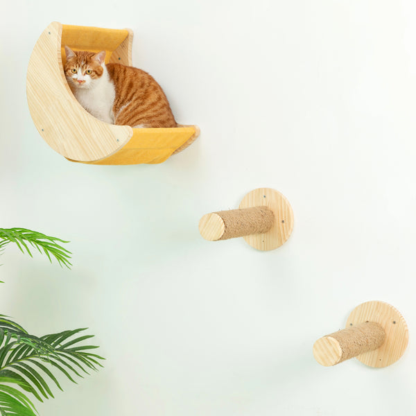 Cat Wall Hammock with Two Scratching Post Steps Moon Cat Wall Shelves for Activity Indoor Cats Wall Mounted Bed&Condo