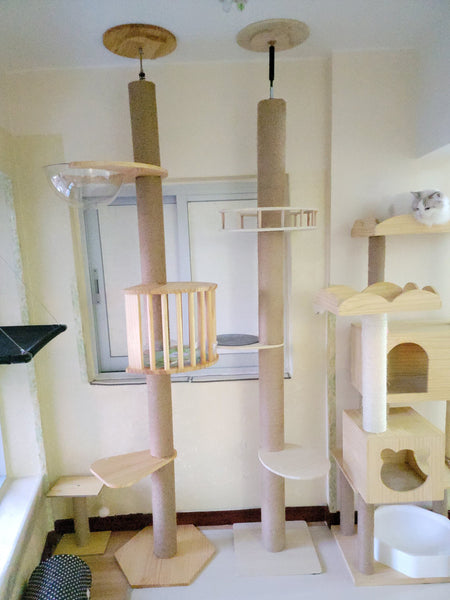 Floor to Celling Cat Tree with Multi Level Shelves for  Large Cats Climbing Sturdy Solid Wood Scratching Post Height Adjustable and Customized Available