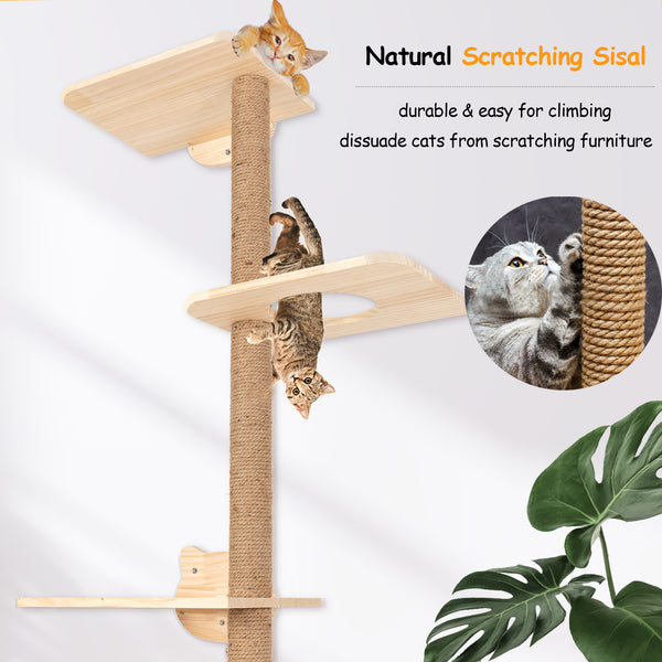 Cat Tree Wall Mounted Tall Scratching Post for Indoor Cats Climbing Tower Activity Wood Cat Wall Furniture