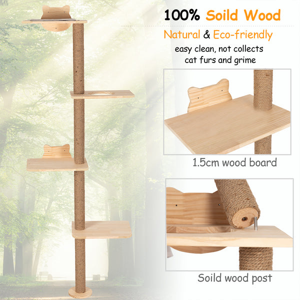 Cat Tree Wall Mounted Tall Scratching Post for Indoor Cats Climbing Tower Activity Wood Cat Wall Furniture