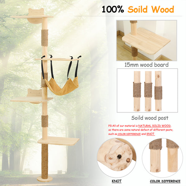 Cat Tree Wall Mounted With Hammock,Cat Climbing Shelves Wood Activity Tower Indoor Cats Wall Furniture