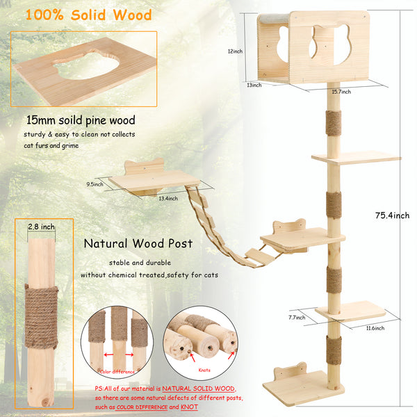 Cat Tree House Wall Mounted for Indoor Cats Climbing Shelves and Perches Activity Tower with Hammock Wood Cat Wall Furniture