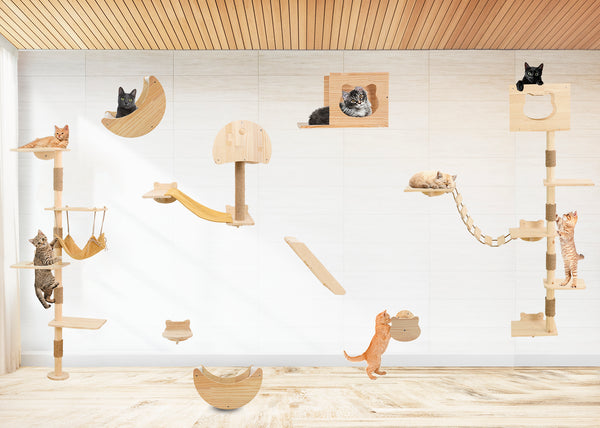 Mushroom Cat Tree House Wall Mounted with Scrathing Post Indoor Cat Climbing Shelves Hammock for Wall Solid Wood Cat Climber