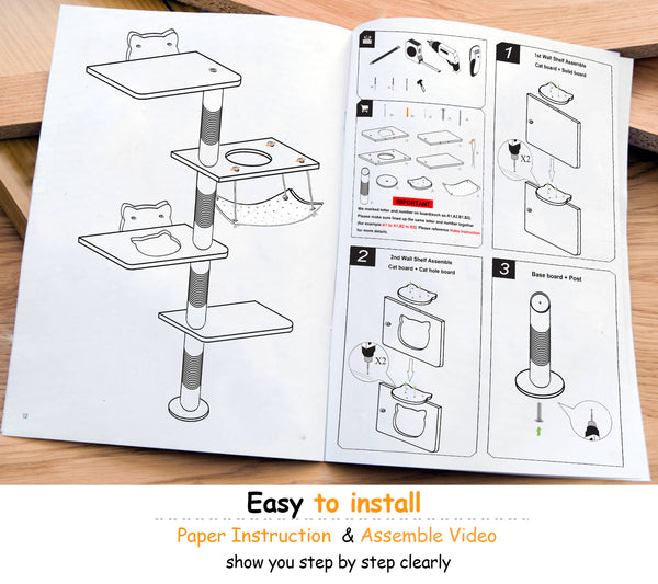 Cat Tree Wall Mounted With Hammock,Cat Climbing Shelves Wood Activity Tower Indoor Cats Wall Furniture