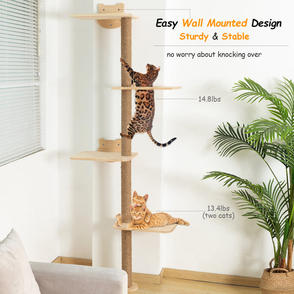 Cat Tree Wall Mounted Tall Scratching Post for Indoor Cats Climbing Tower Activity Wood Cat Wall Furniture