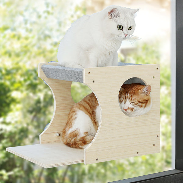 Window Cat Perch Shelves for Inside, Sturdy Wood Climbing Seat Mounted with Heavy Duty Suction Cups, Corner Window Bed for Overlooking and Sleeping