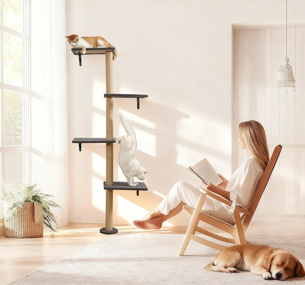 Tall Cat Scratching Posts,4 Tier Corner Cats Tree, Wall Mounted Kitten Tower,Carpeted Climbing Wall for Indoor Kitty Perching,Playing and Lookout