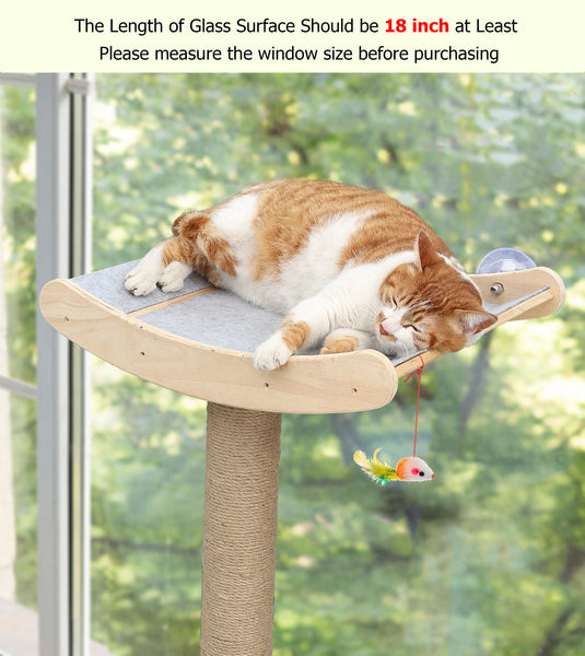 Window Cat Perch with Scratching Posts, 46" Wood Tree Bed for Maine Coon Big Cats Perching and Lounging, Mounted with 3 Strong Suction Cups (Wood Platform)