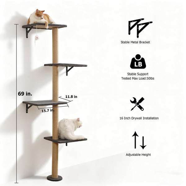 Tall Cat Scratching Posts,4 Tier Corner Cats Tree, Wall Mounted Kitten Tower,Carpeted Climbing Wall for Indoor Kitty Perching,Playing and Lookout