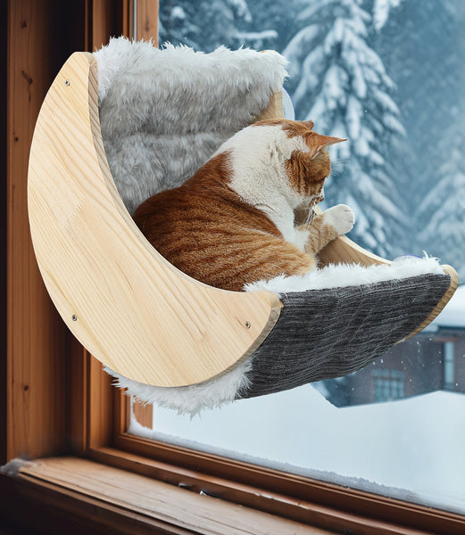 Window Cat Perch Moon Cat Bed Mounted with Suction Cups Wood Cat Window Hammock