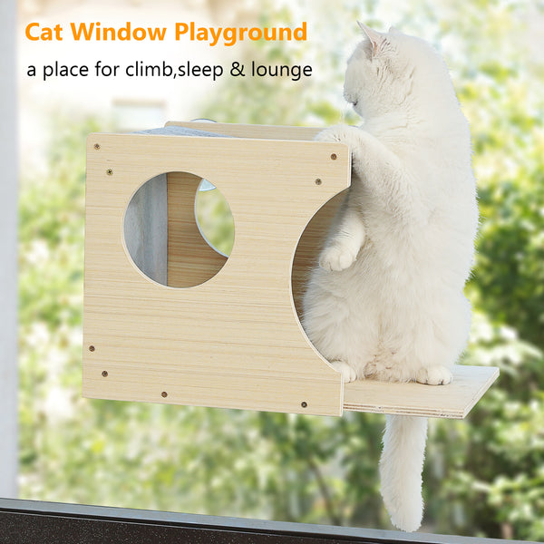 Window Cat Perch Shelves for Inside, Sturdy Wood Climbing Seat Mounted with Heavy Duty Suction Cups, Corner Window Bed for Overlooking and Sleeping