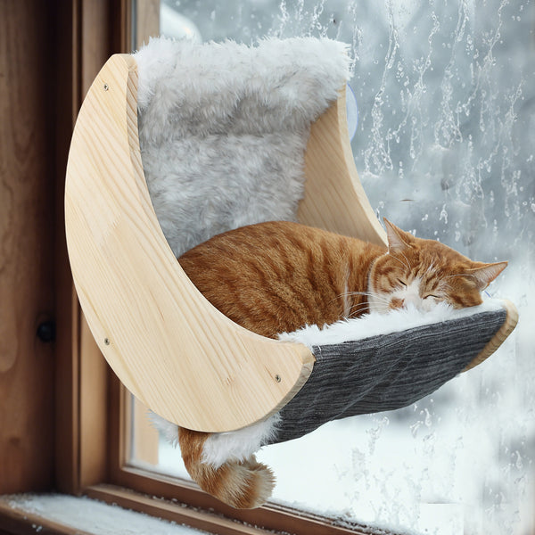 Window Cat Perch Moon Cat Bed Mounted with Suction Cups Wood Cat Window Hammock